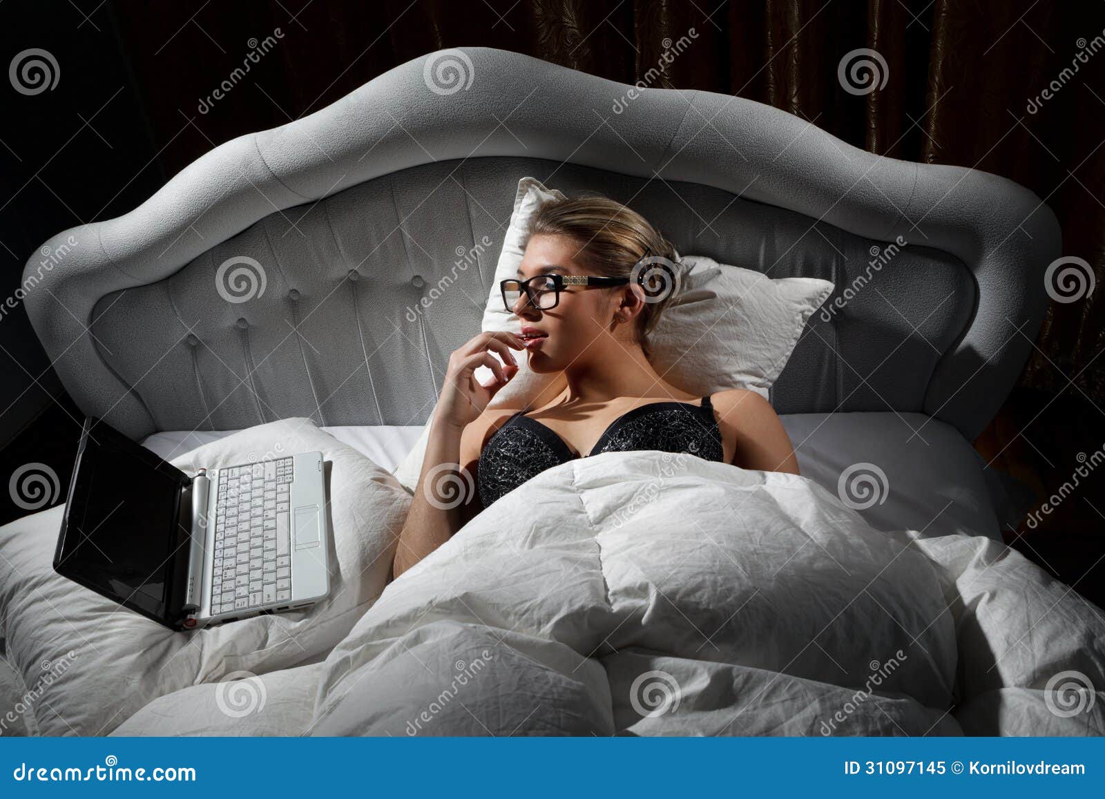 Woman Lying On Bed With A Laptop Stock Image Image Of Ecstasy Laptop 