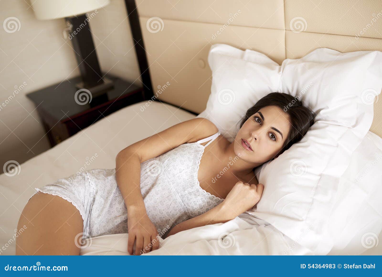 Woman Lying In Bed Resting Her Head On Pillow Stock Image Image Of