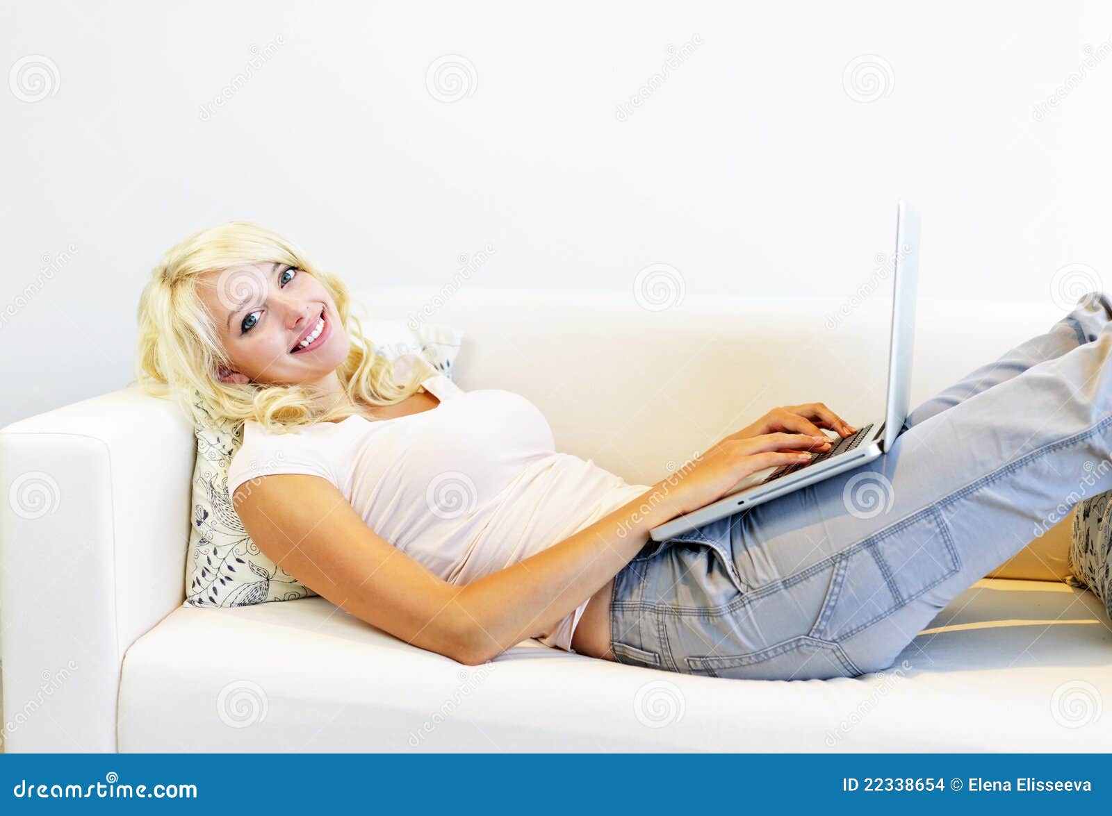 Woman Lying On Couch With Laptop Stock Photo Image Of Comfortable