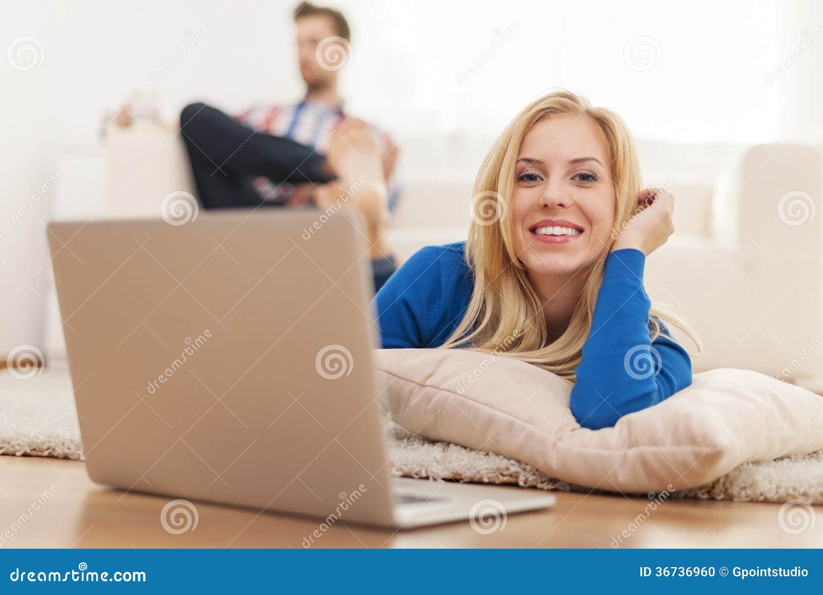 Woman Lying Down and Working on Laptop Stock Photo - Image of enjoyment ...