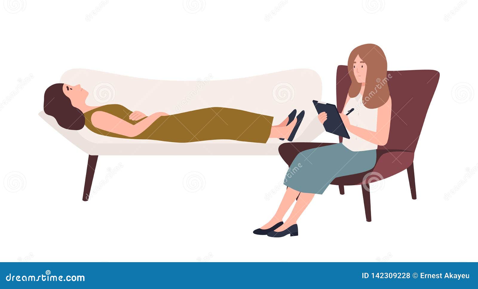 Woman Lying On Sofa And Female Psychologist Psychoanalyst Or 