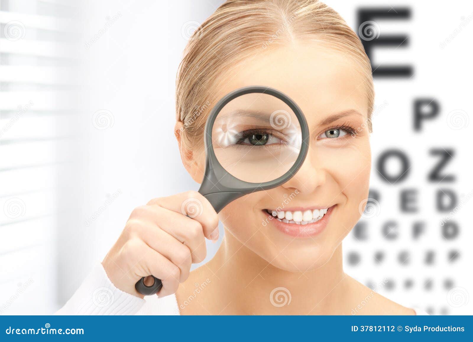 Woman with Magnifier and Eye Chart Stock Photo Image of contacts