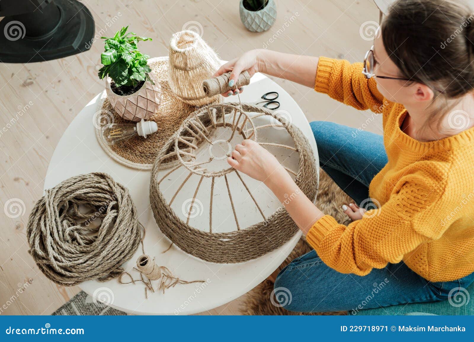 Woman Makes Handmade Diy Lamp from Jute Rope Stock Image - Image