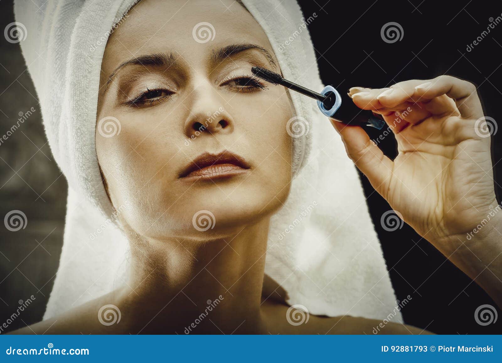Woman Makes Light Day Makeup in Bathroom. Stock Image Image of closeup, happy 92881793
