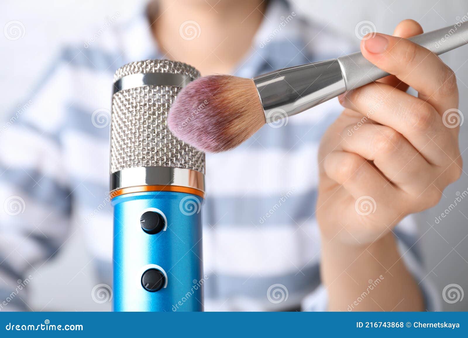Woman Making ASMR Sounds with Microphone and Brush, Closeup Stock Photo