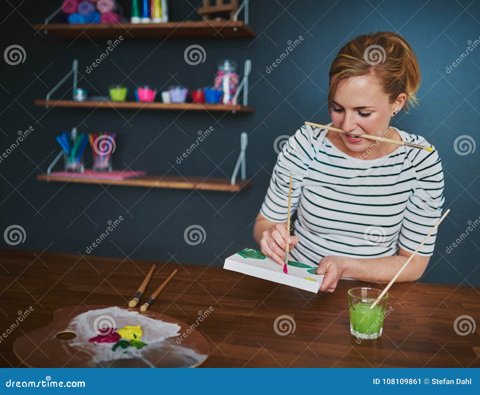 Woman Making a Painting. Happy Stock Image - Image of attractive ...