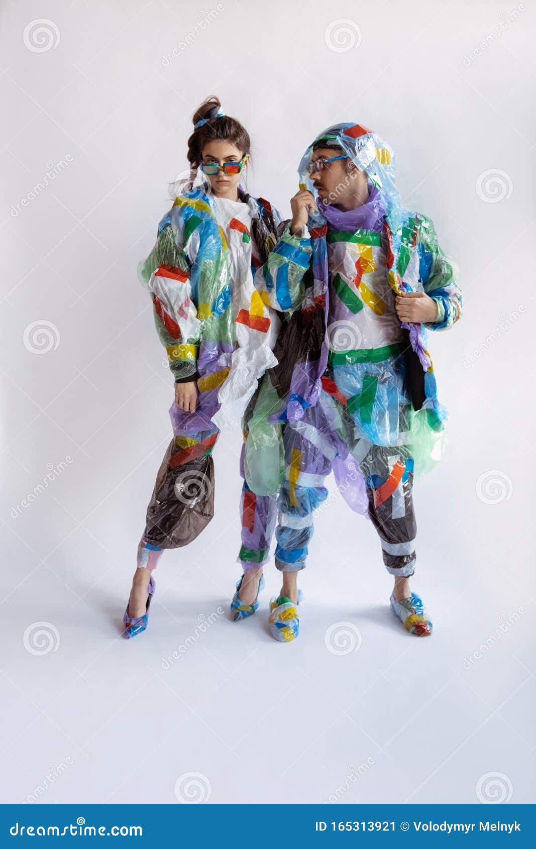 https://thumbs.dreamstime.com/z/woman-man-addicted-sales-clothes-wearing-plastic-recycling-concept-woman-man-wearing-plastic-white-background-165313921.jpg