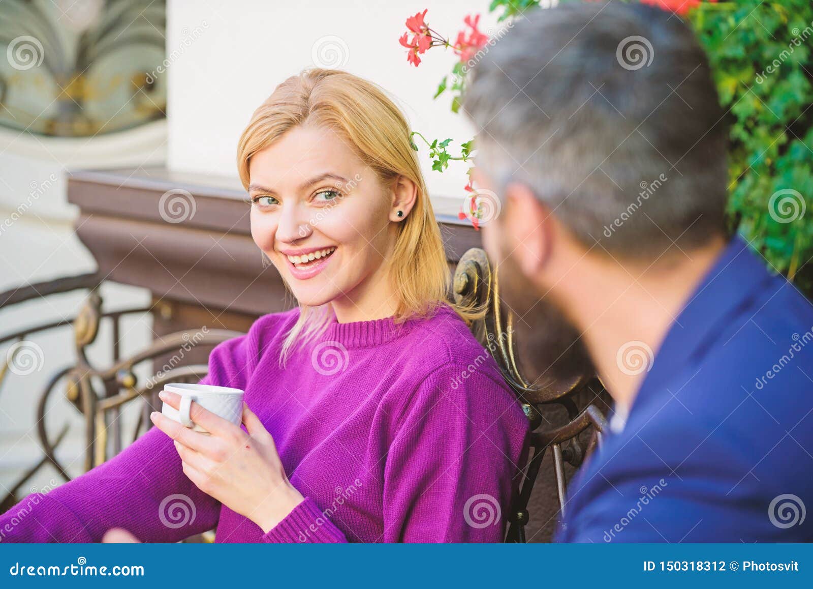 Woman And Man With Beard Relax In Cafe First Meet Of Girl And Mature Man Morning Coffee