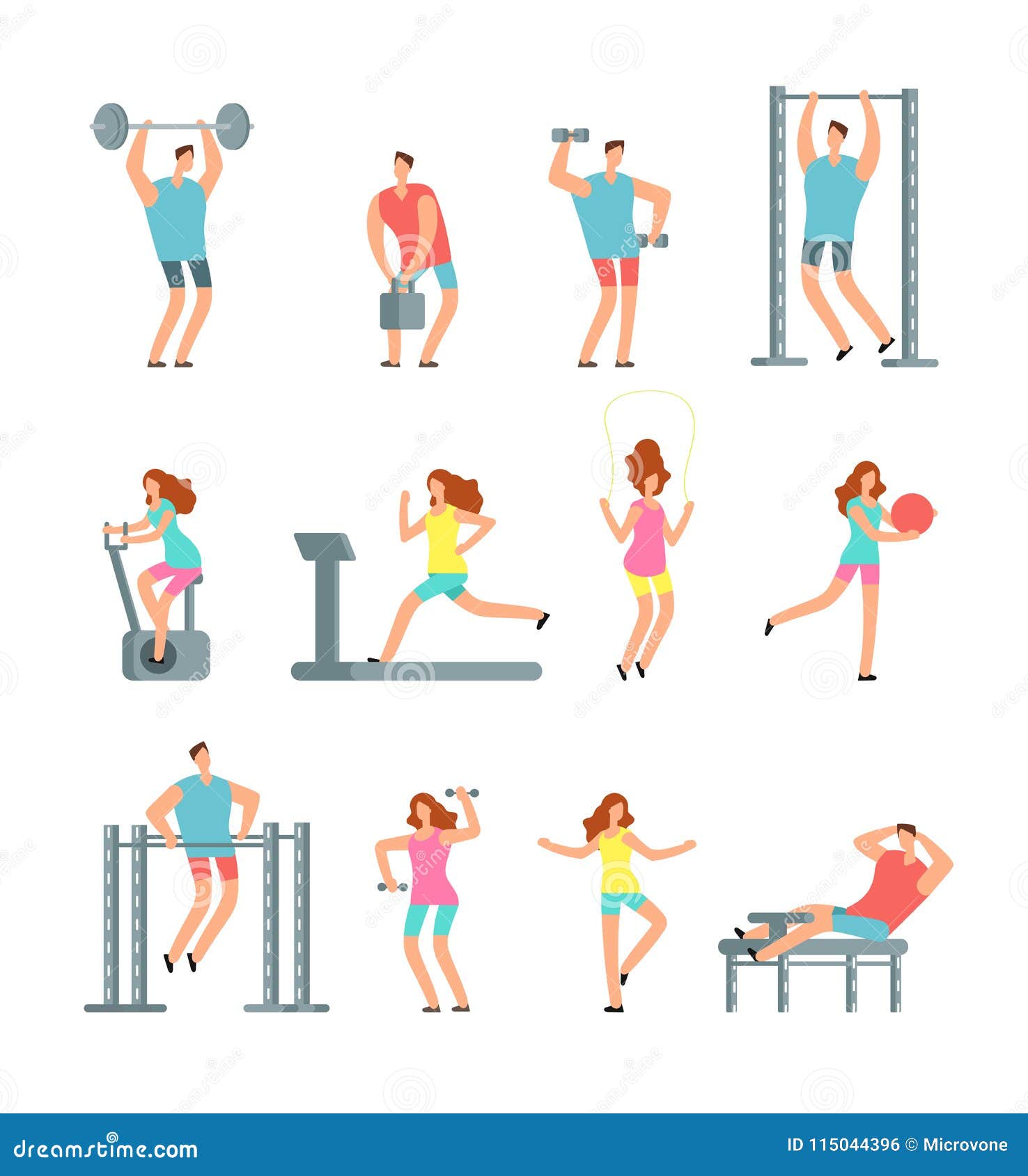 Woman and Man Doing Various Sports Exercises with Gym Equipment. Fitness  Cartoon Vector People, Gym Workout Isolated Stock Vector - Illustration of  isolated, girl: 115044396