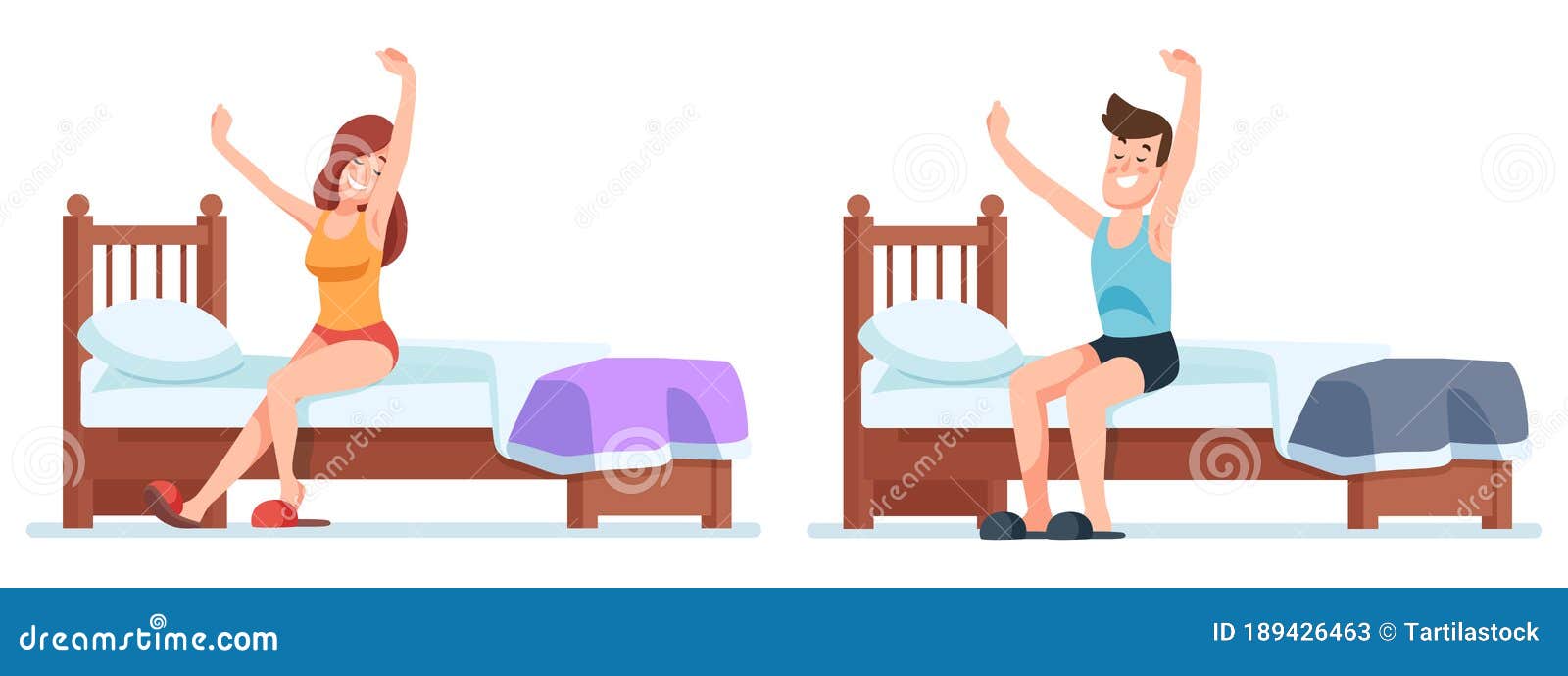 Woman And Man Wakes Up. Early Ge Up In Bedroom Stock Vector ...