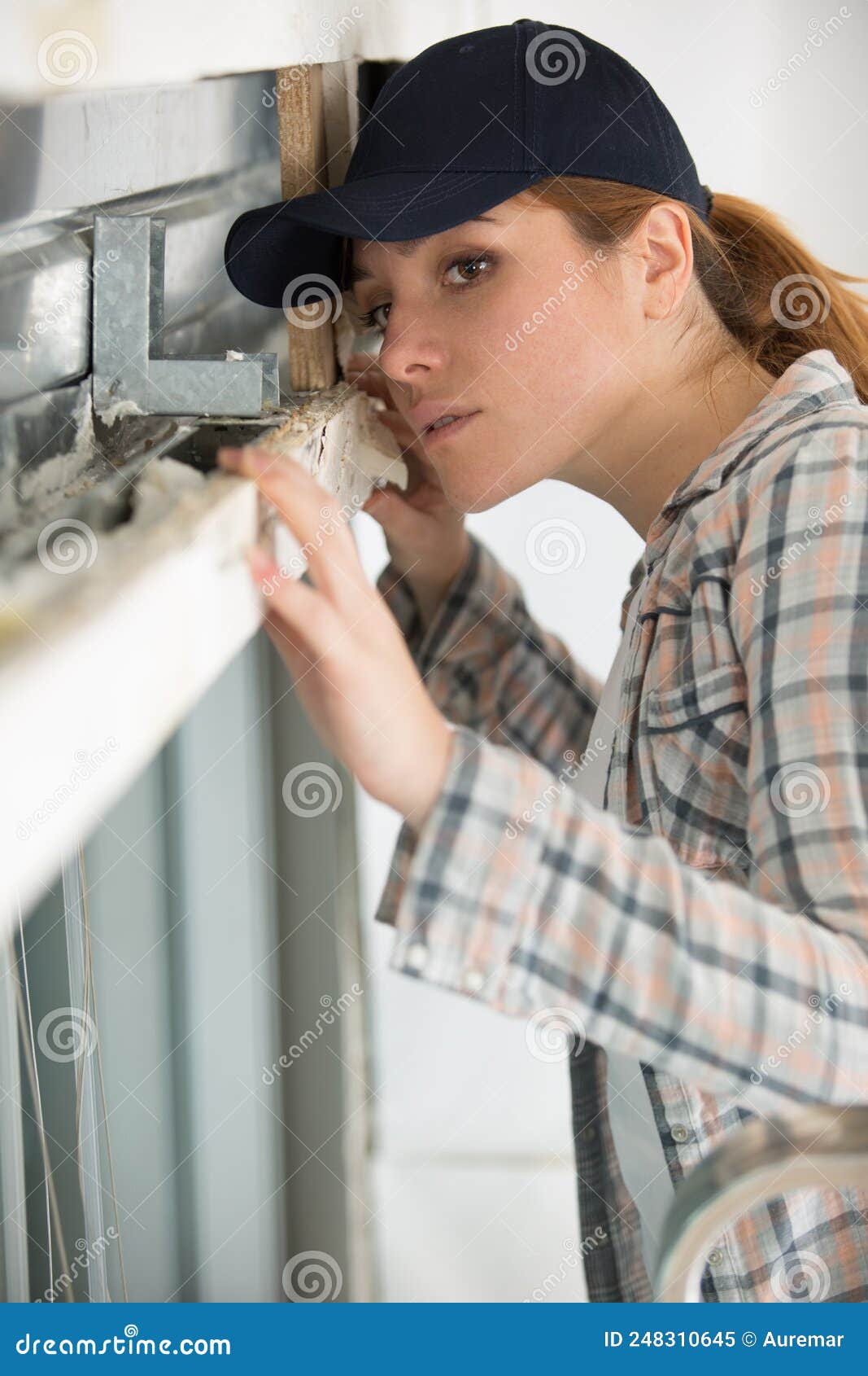 Woman Marking Position Wall Ceiling Stock Image Image of blinds