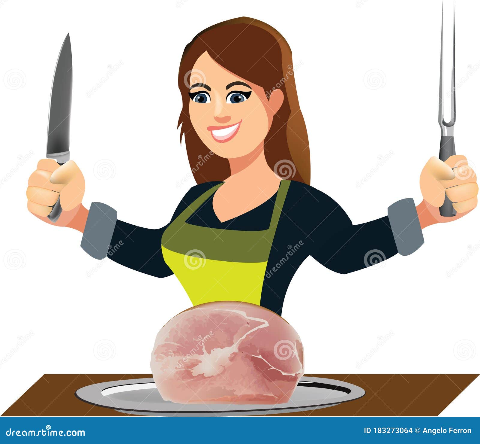woman massaia cook with fork and knife and ham