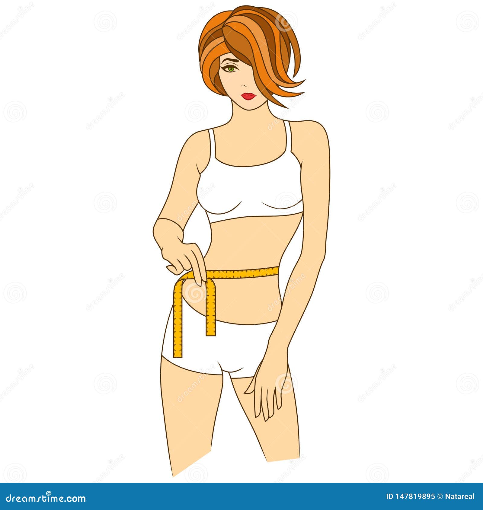 illustration of a female measuring waist with measuring tape Stock