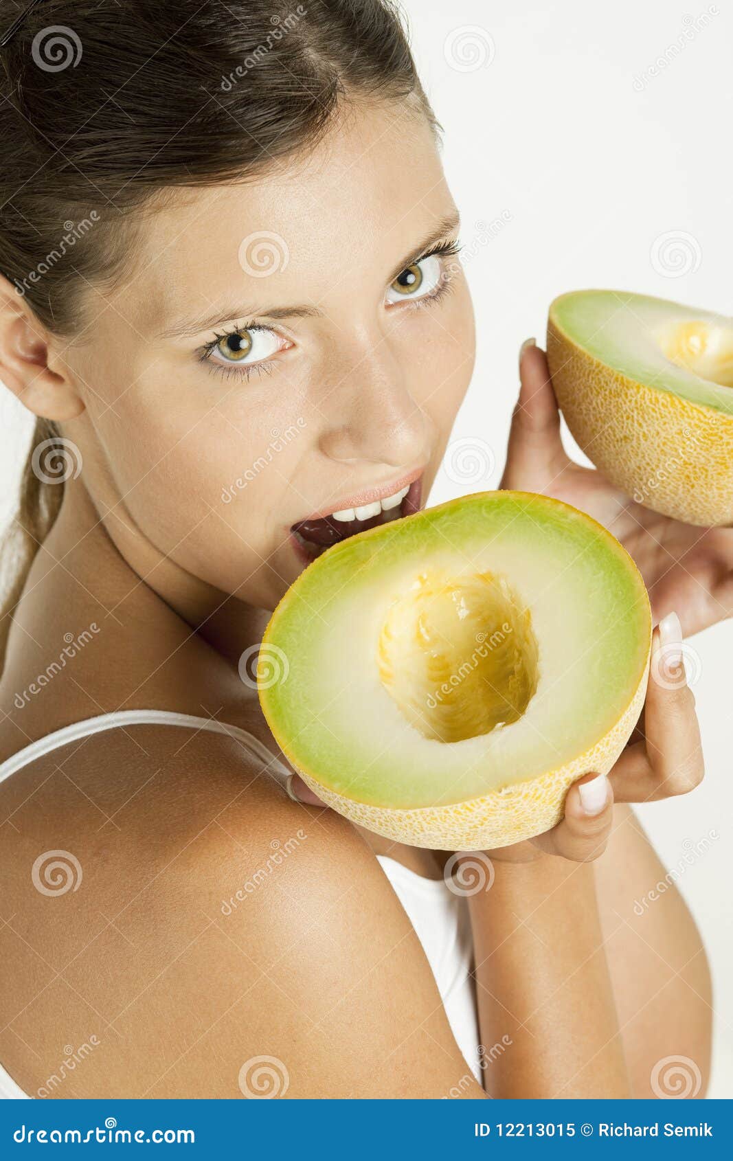 Woman with melon galia stock image. Image of fruits, nutrition 12213015
