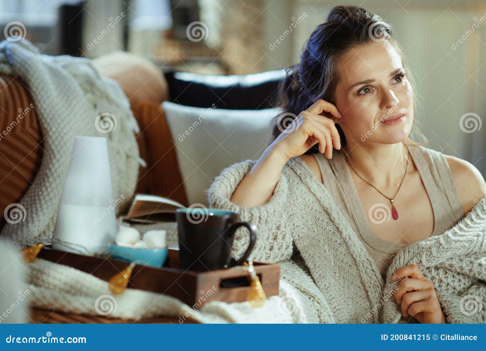 Woman in Modern Living Room in Modern House in Sunny Autumn Day Stock ...