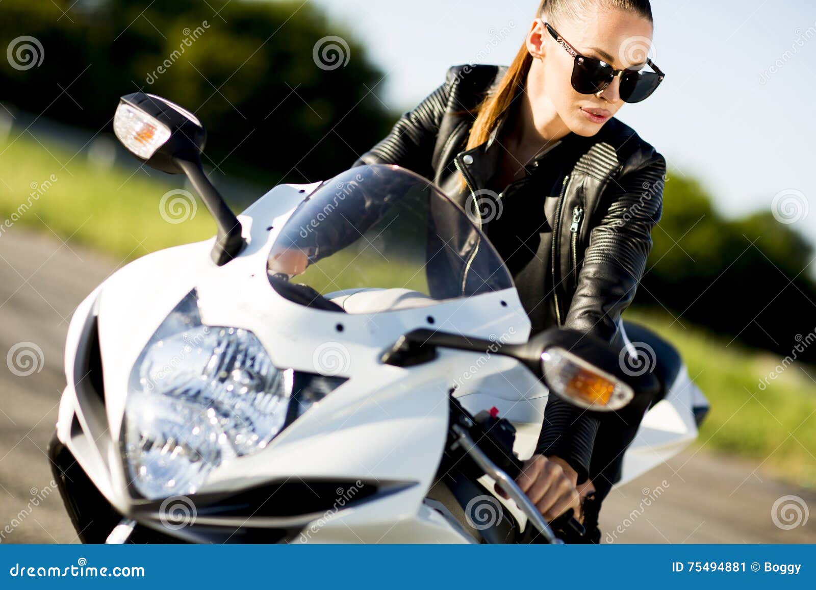 Woman on motorcycle stock image. Image of speed, beauty - 75494881