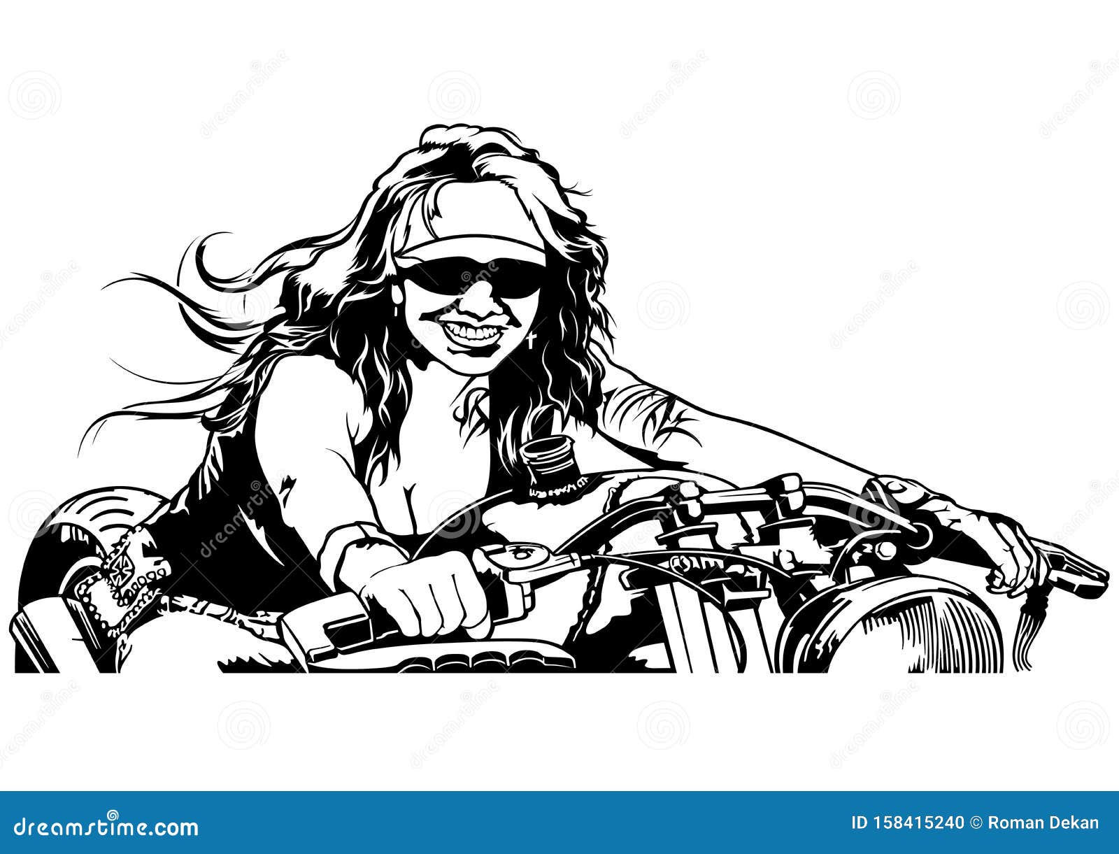 Download Black And White Woman Motorcyclist Stock Vector - Illustration of freedom, illustration: 158415240