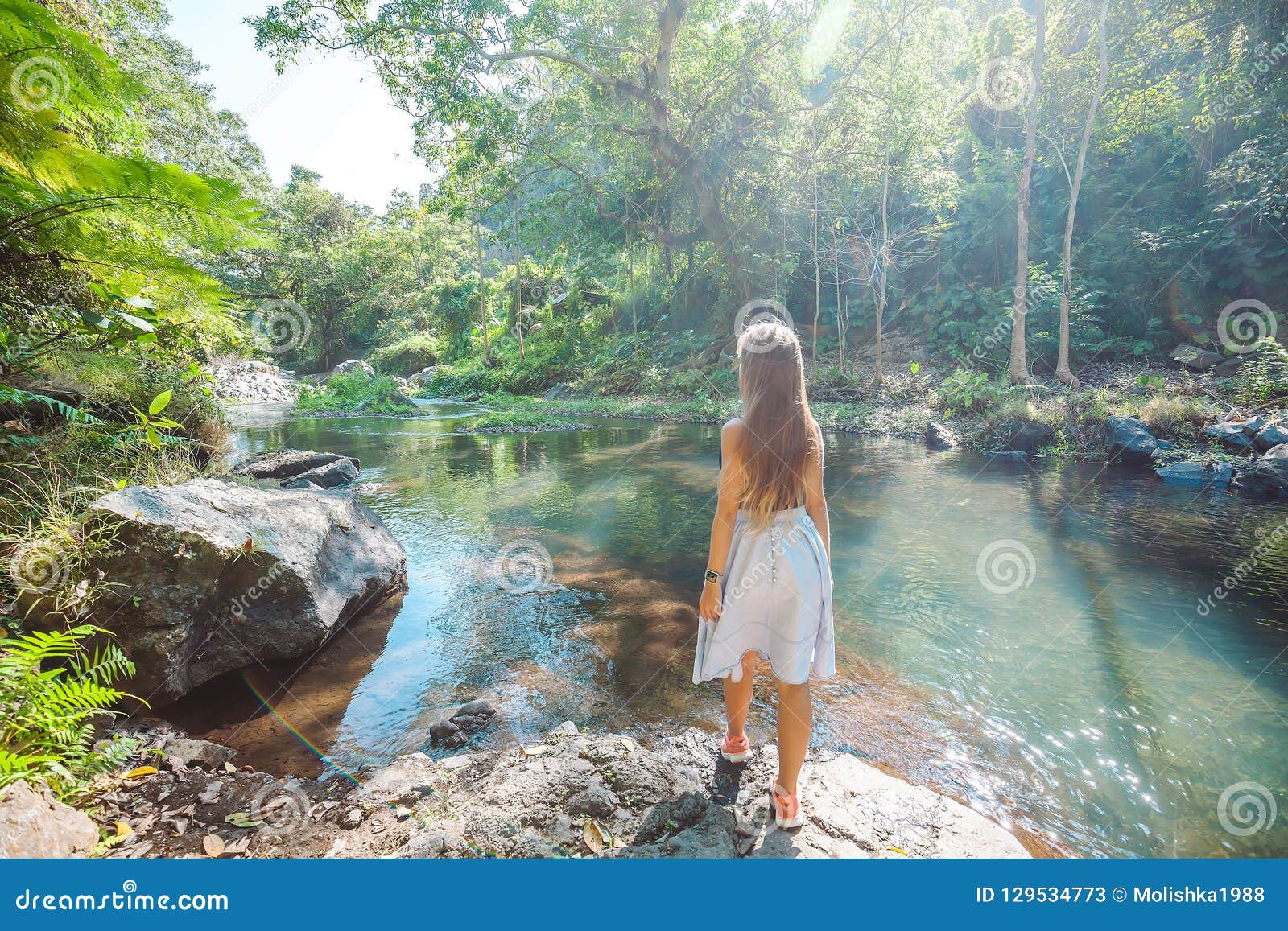 Woman Near River among Tropical Jungle Stock Image - Image of back ...