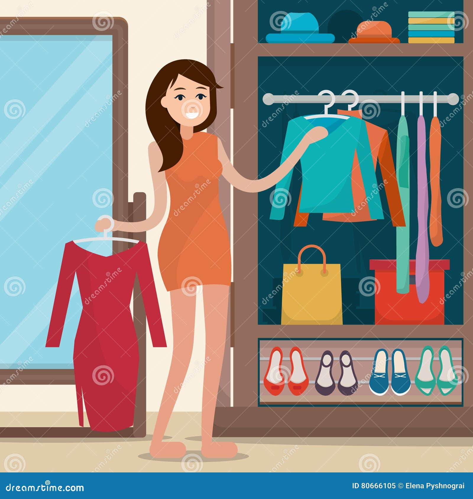 Woman Near Wardrobe for Cloths with Mirror. Stock Vector - Illustration ...