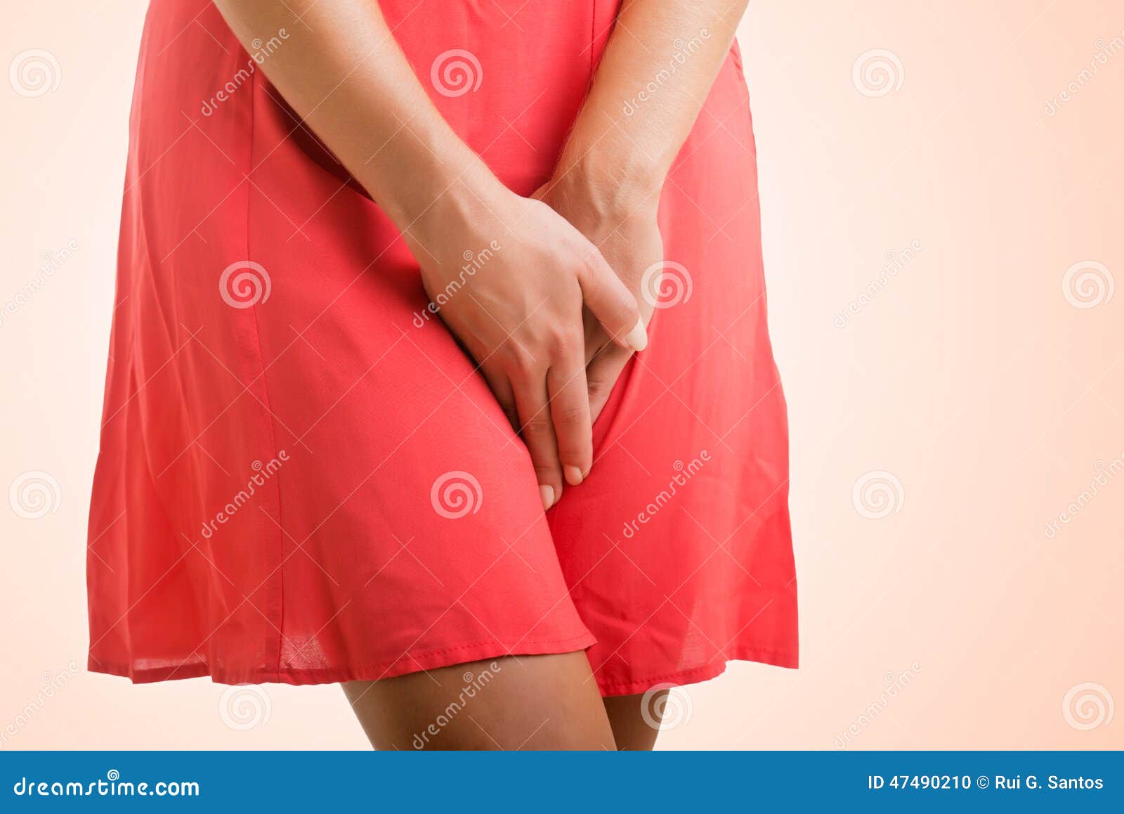 Woman Hands Touching Her Crotch Stock Photo
