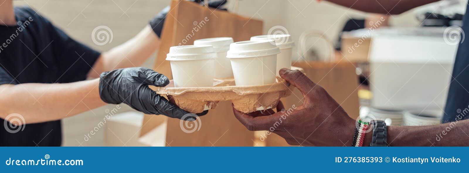 woman and negro holding grocery bags and cups