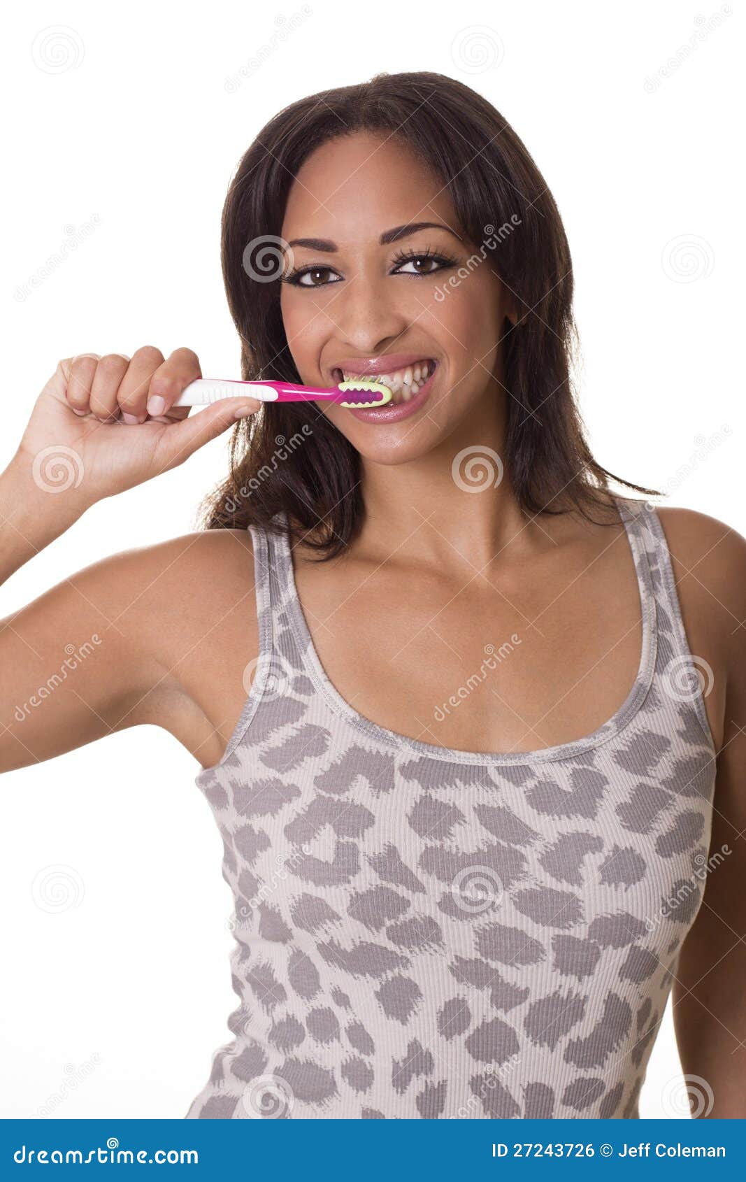 Woman in a Night Shirt Brushes Her Teeth. Stock Photo Image of cute, brushing 27243726
