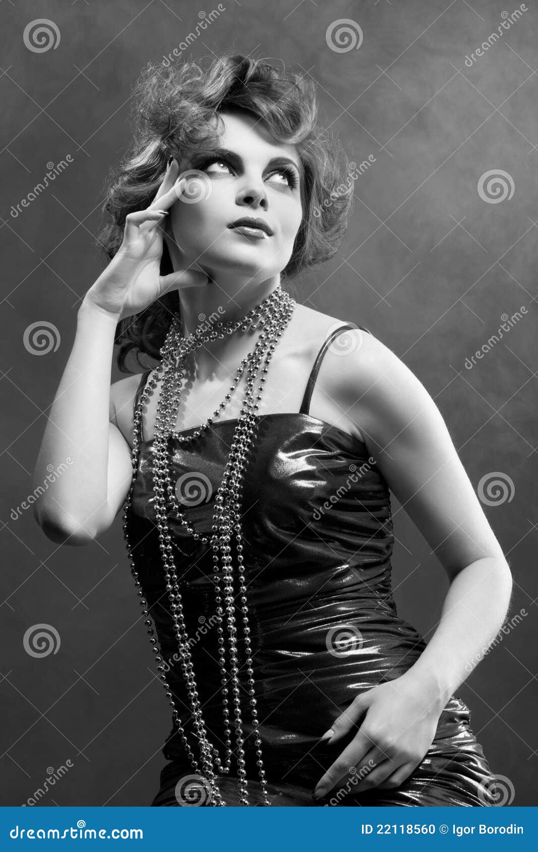 Woman In Old Fashioned Dress, In Black & White Stock Photo 
