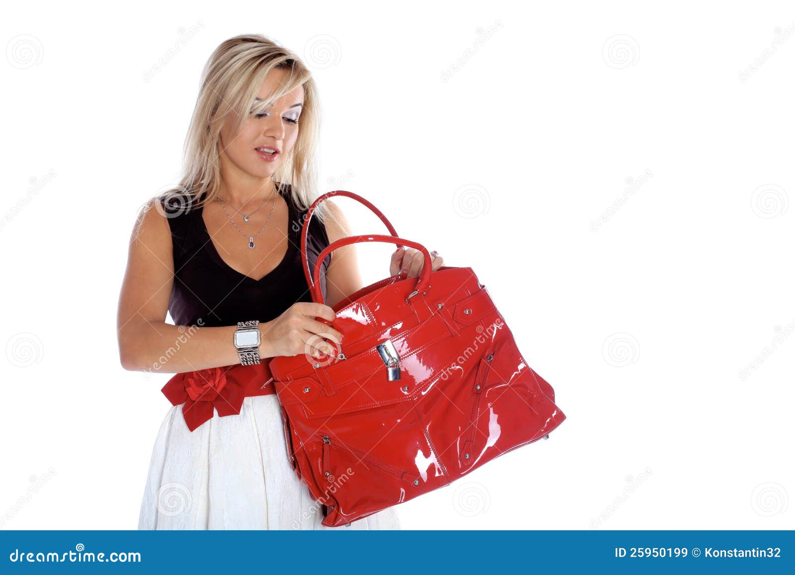 Woman Opening Red Bag Isolated on White Stock Image Image of