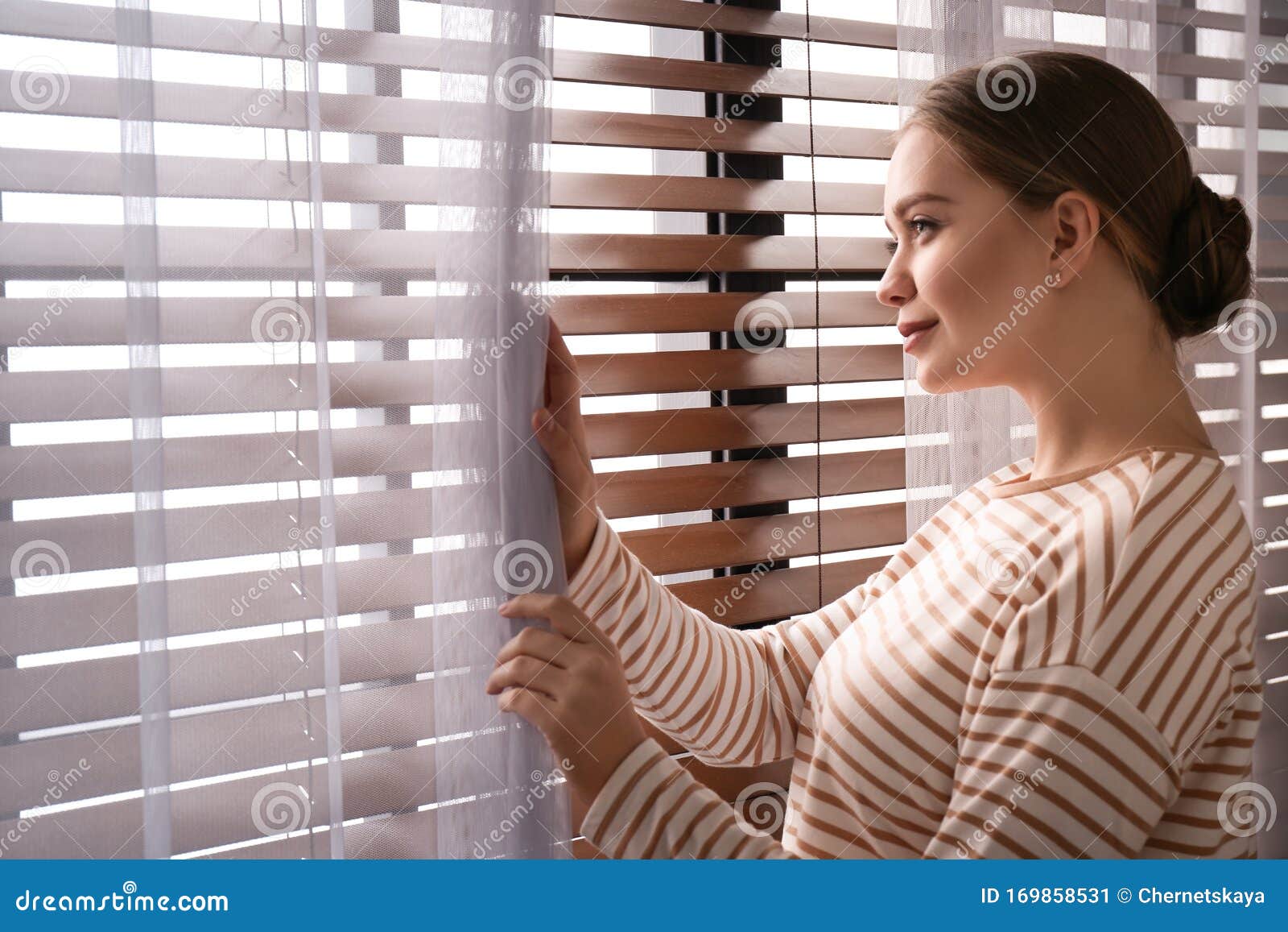 Woman Opening Window Curtain At Home In Morning Stock Image - Image of ... Open Window At Morning