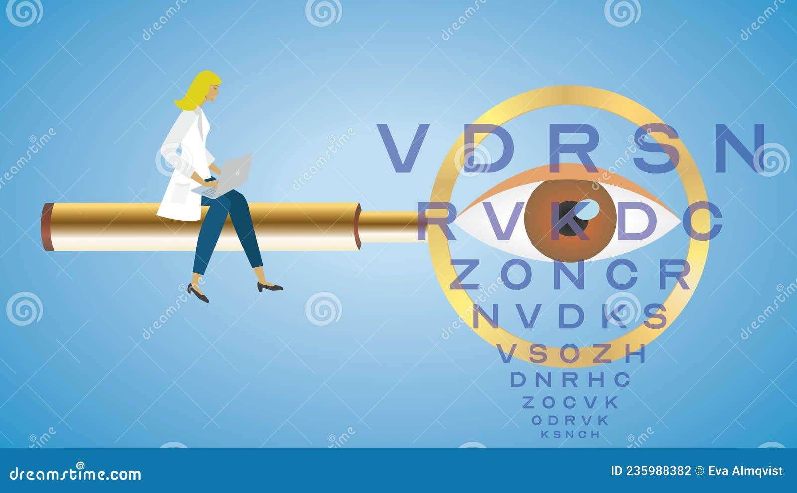 eye sight. optician, health care person sitting on magnifying glass, eye in lens.