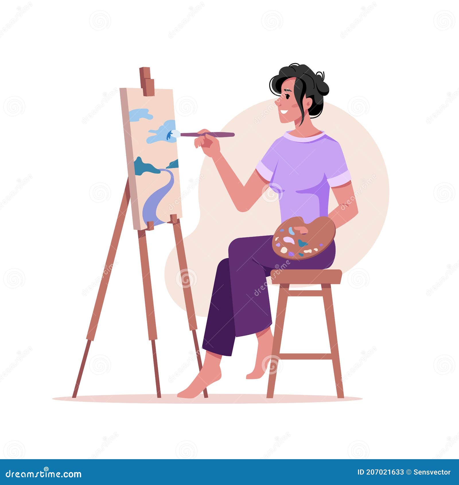 Woman Painter Artist Draws on Easel Modern Picture Stock Vector ...