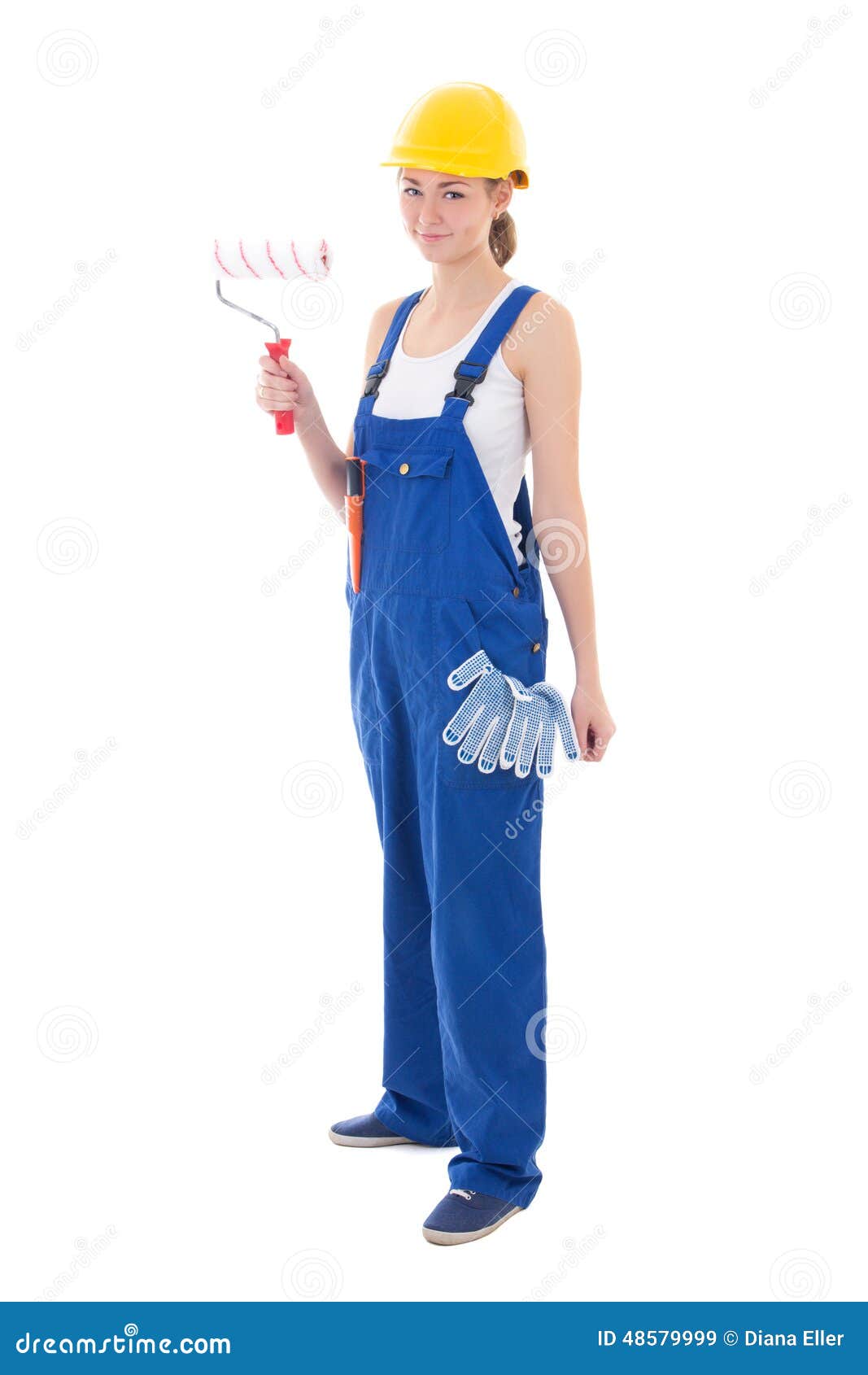 Woman Painter in Blue Coveralls Isolated on White Stock Image Image