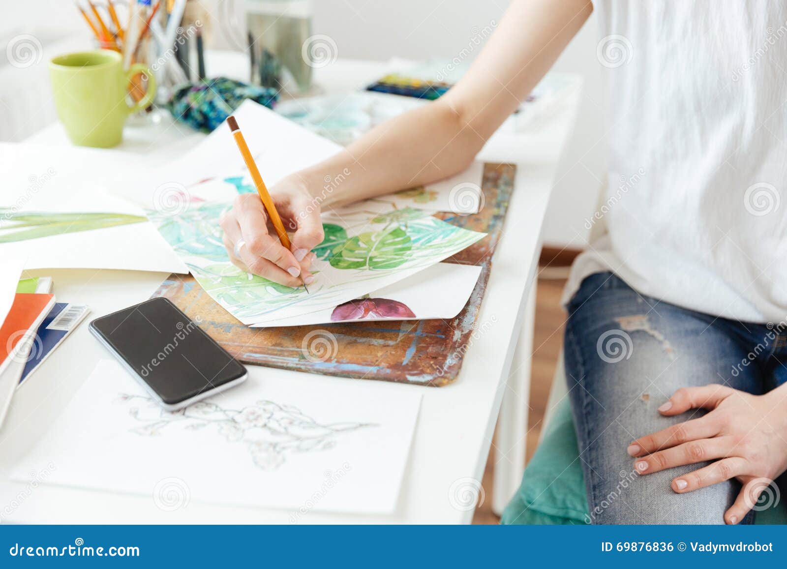 Woman Painter Drawing in Art Studio Stock Photo - Image of female ...