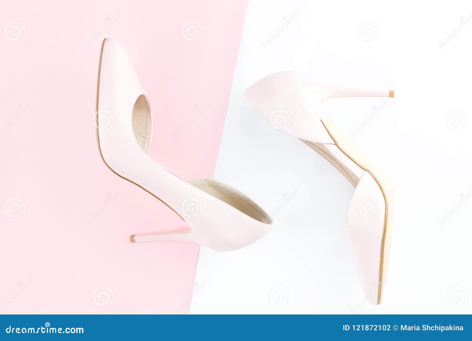 Woman Pale Pink Pumps on Pink and White Background. Top View, Copy ...