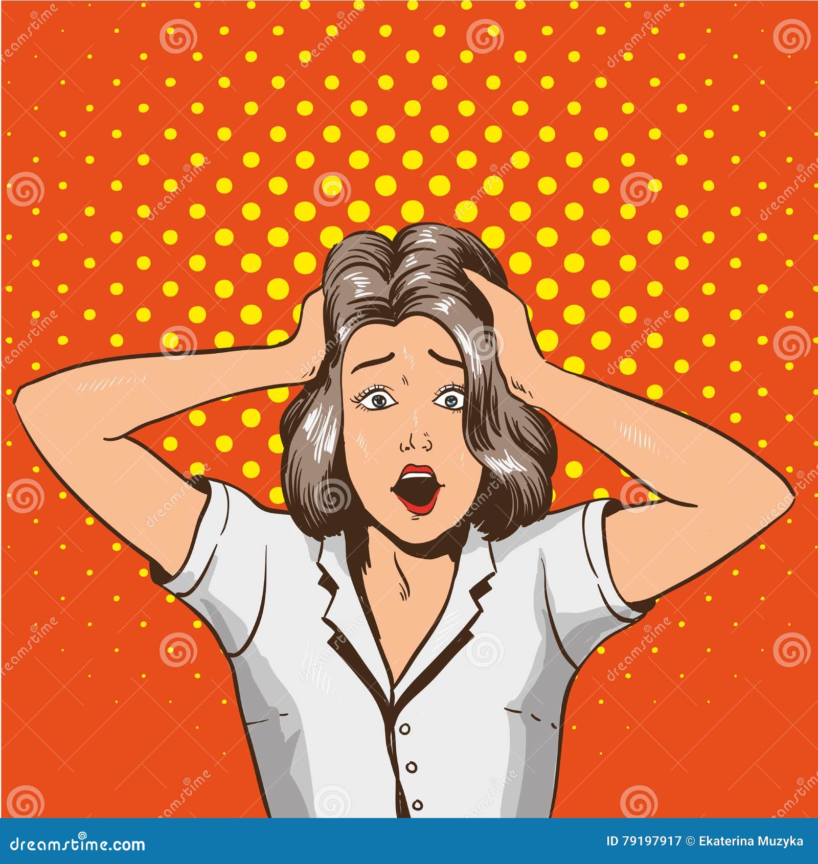 woman in panic.   in pop art retro style. stressed girl in shock grabs her head in hands