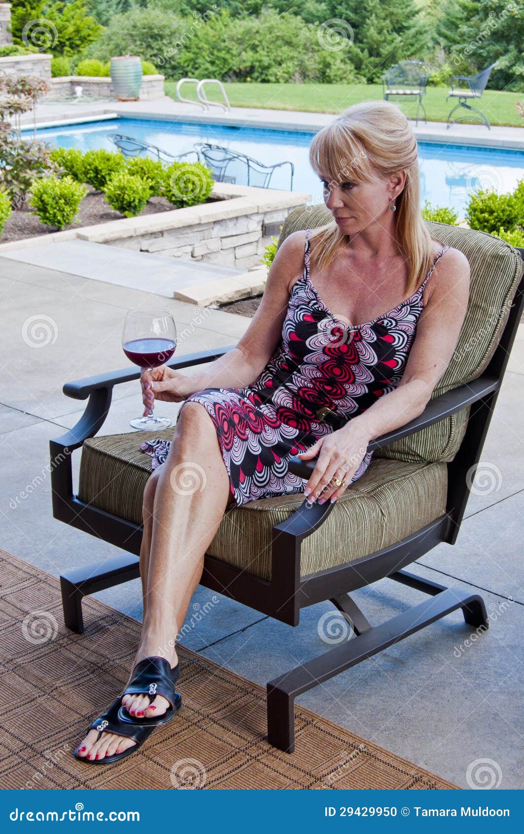 Woman on Patio with Wine Glass Stock Photo Image of leisure, swimming