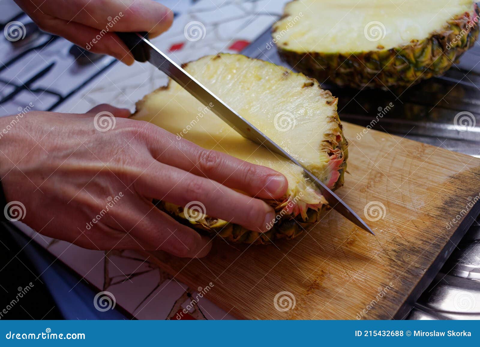Cutting of Pineapple Using Knife Stock Photo Image of pineapple