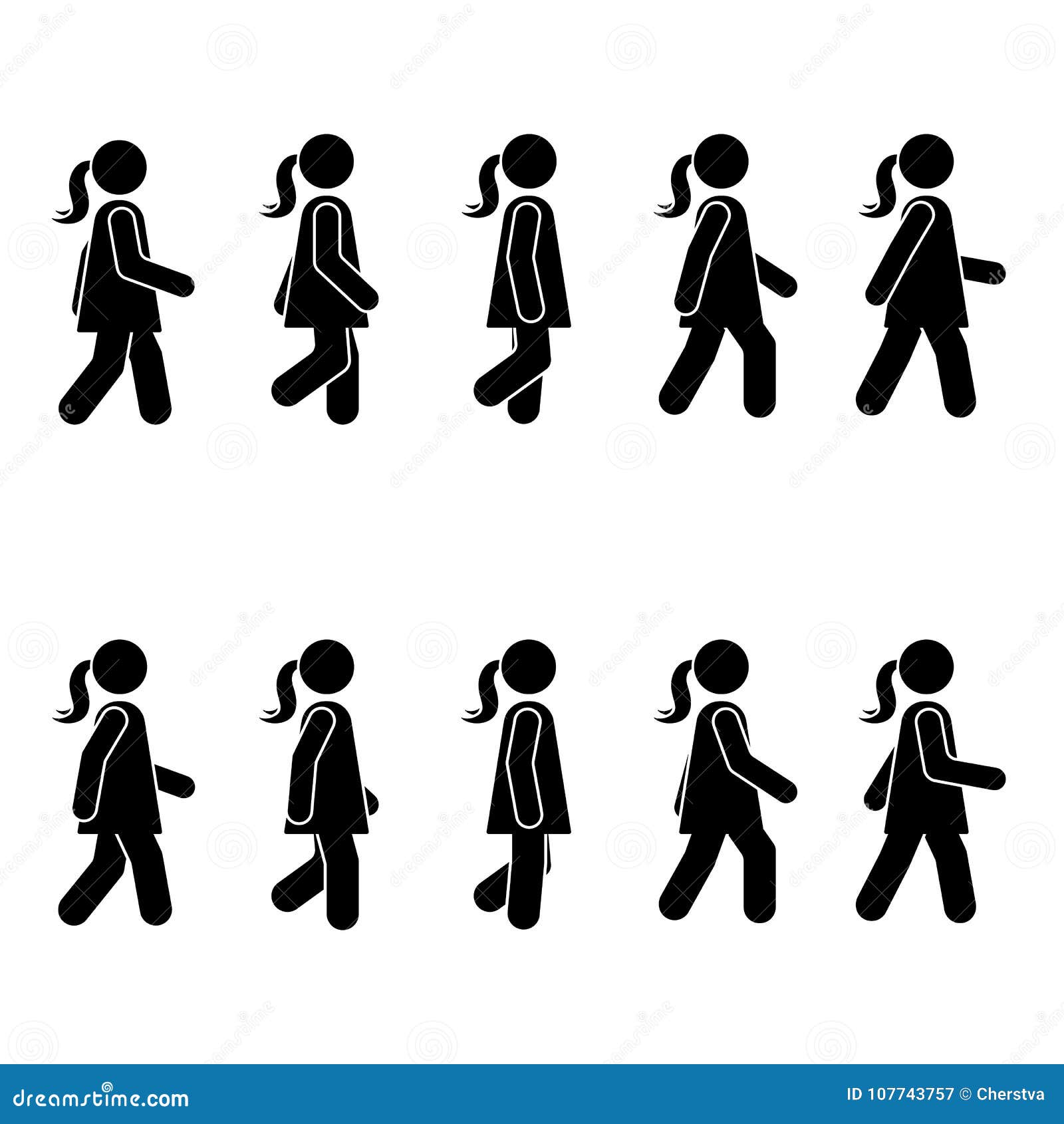 woman people various walking position. posture stick figure.  standing person icon  sign pictogram on white.