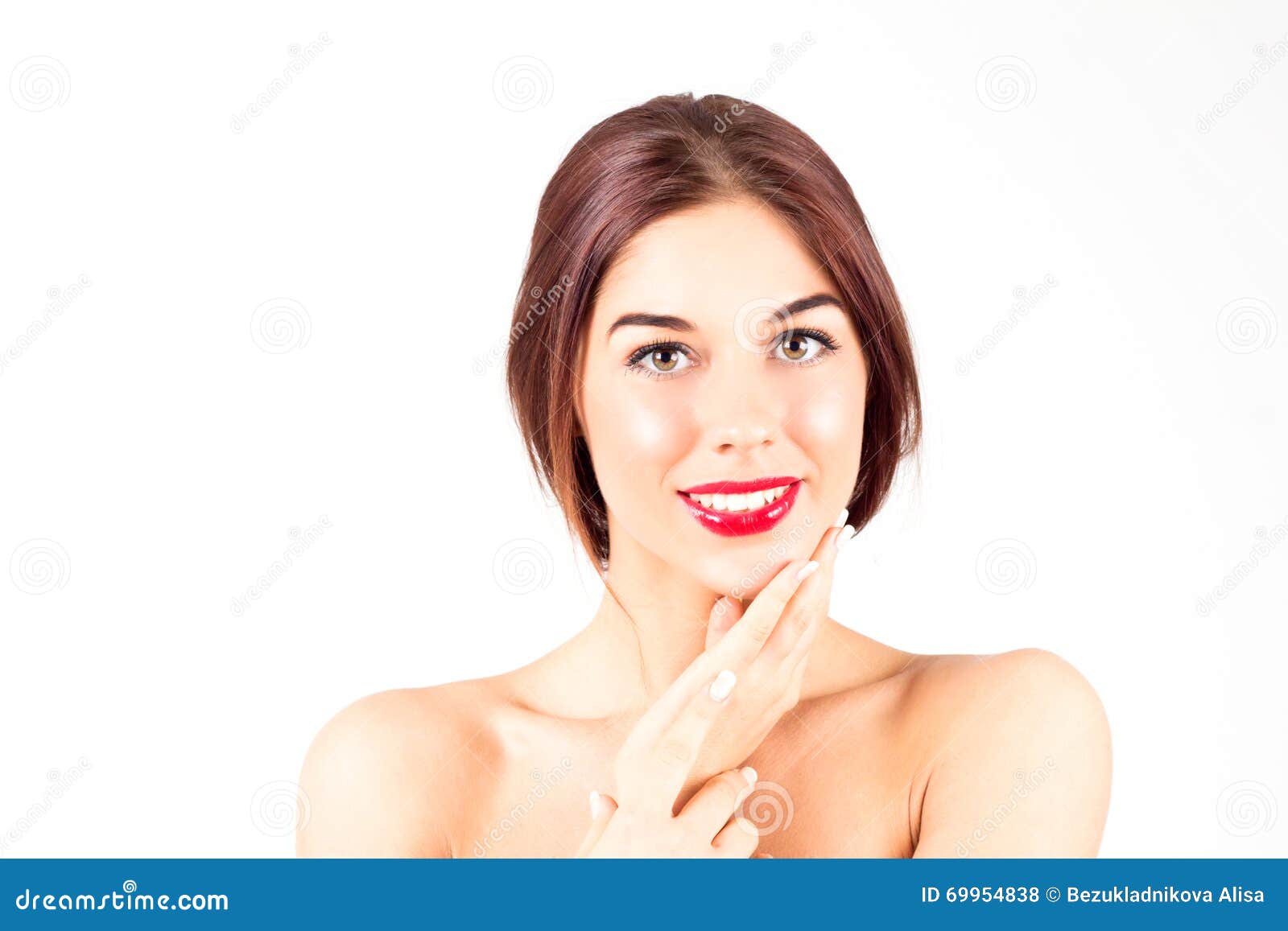 Woman With A Perfect Smile With White Teeth Woman With Red Lips Touching Chin Royalty Free