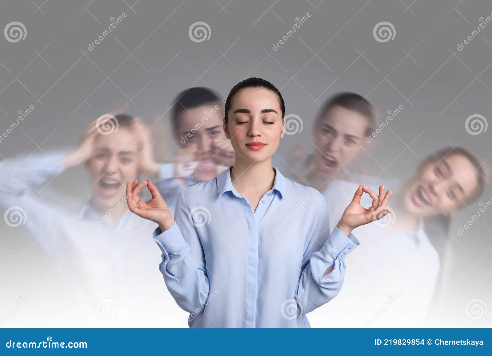 woman with personality disorder on light background, multiple exposure