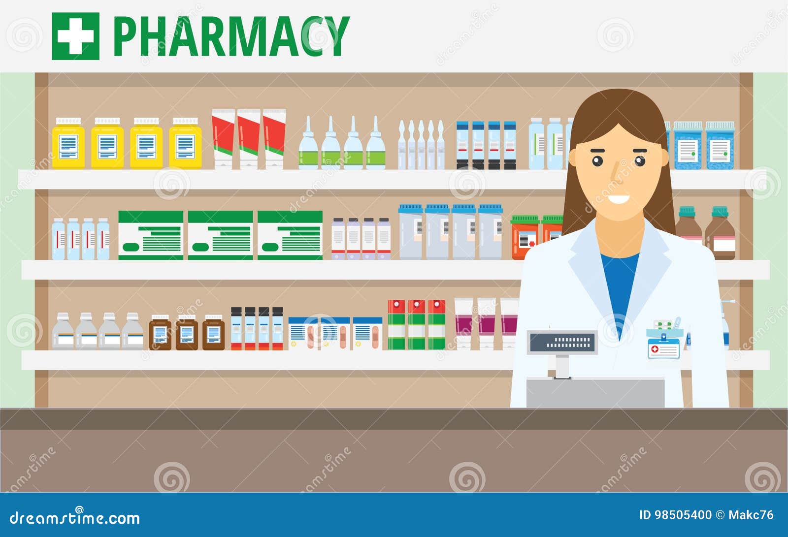 Woman Pharmacist at the Counter in a Pharmacy Stock Vector ...