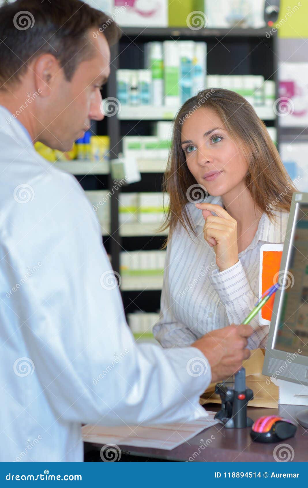 Woman in the pharmacy stock photo. Image of medicine 118894514