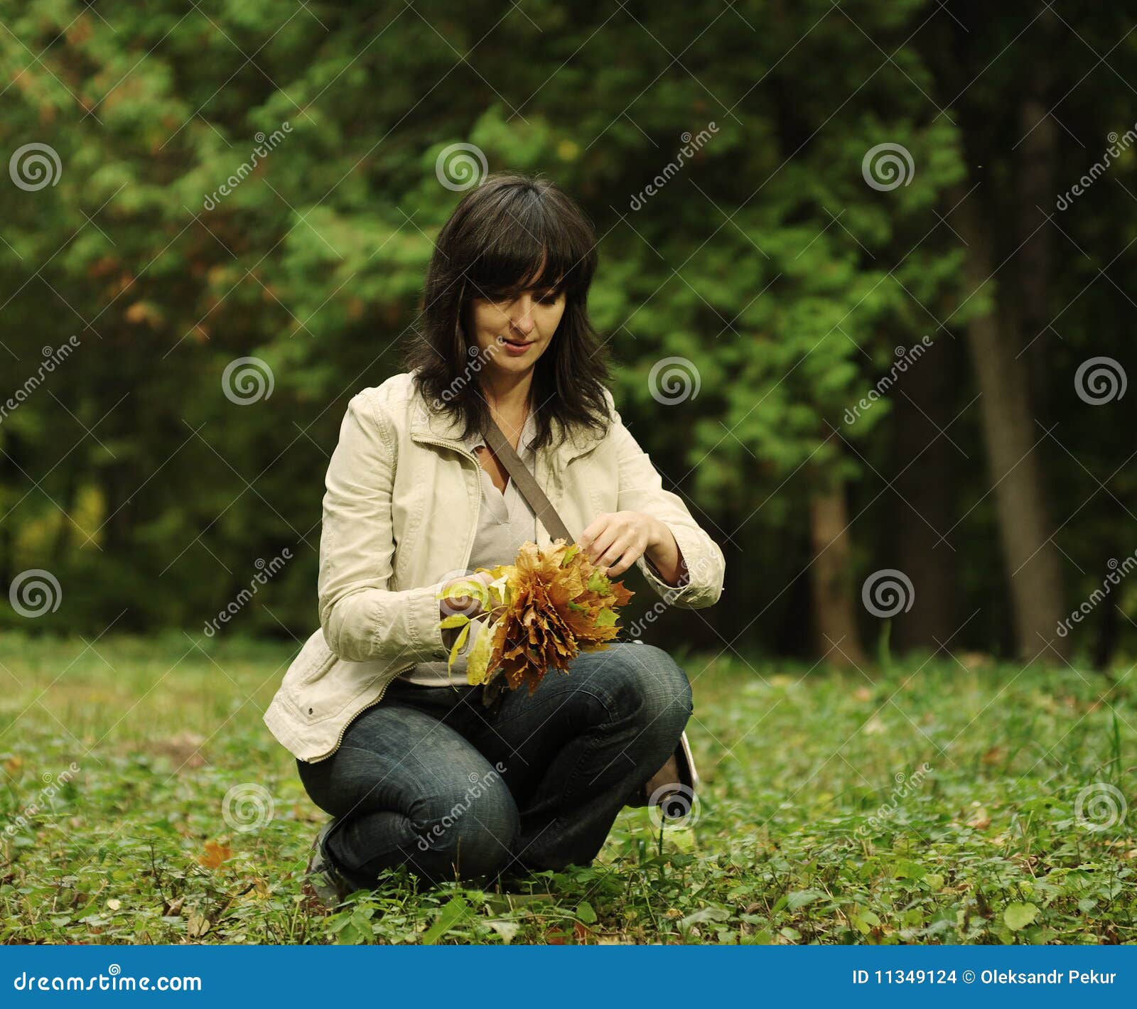 Woman picks up leaves stock photo. Image of fall, grass 11349124