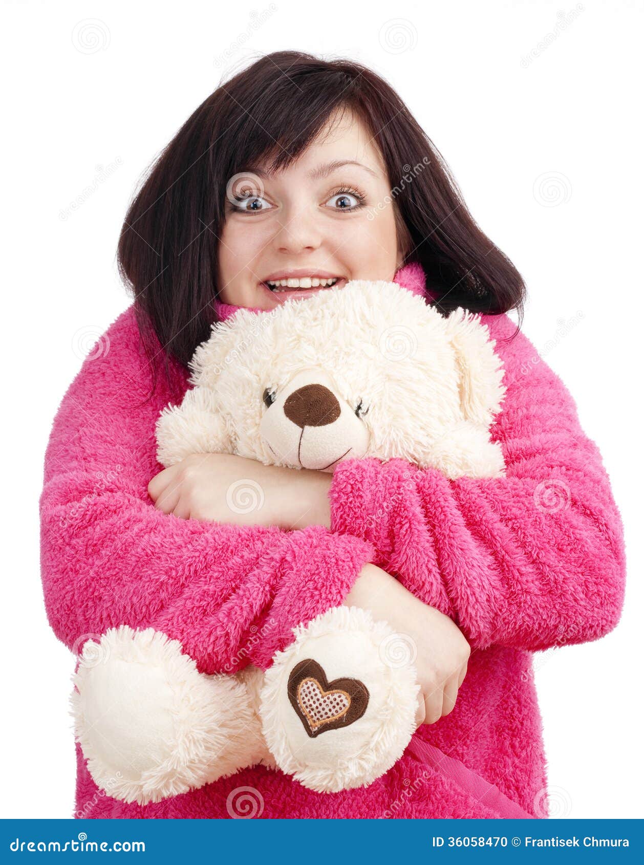 Woman In Pink Bathrobe Cuddling With Her Teddy Bear Stock 