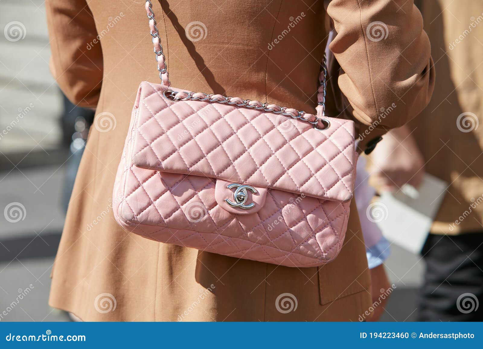 Woman with Pink Leather Chanel Bag before Genny Fashion Show