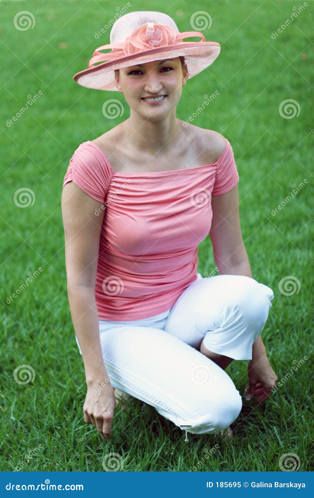 Woman in a pink straw hat stock image. Image of pink, full 185695