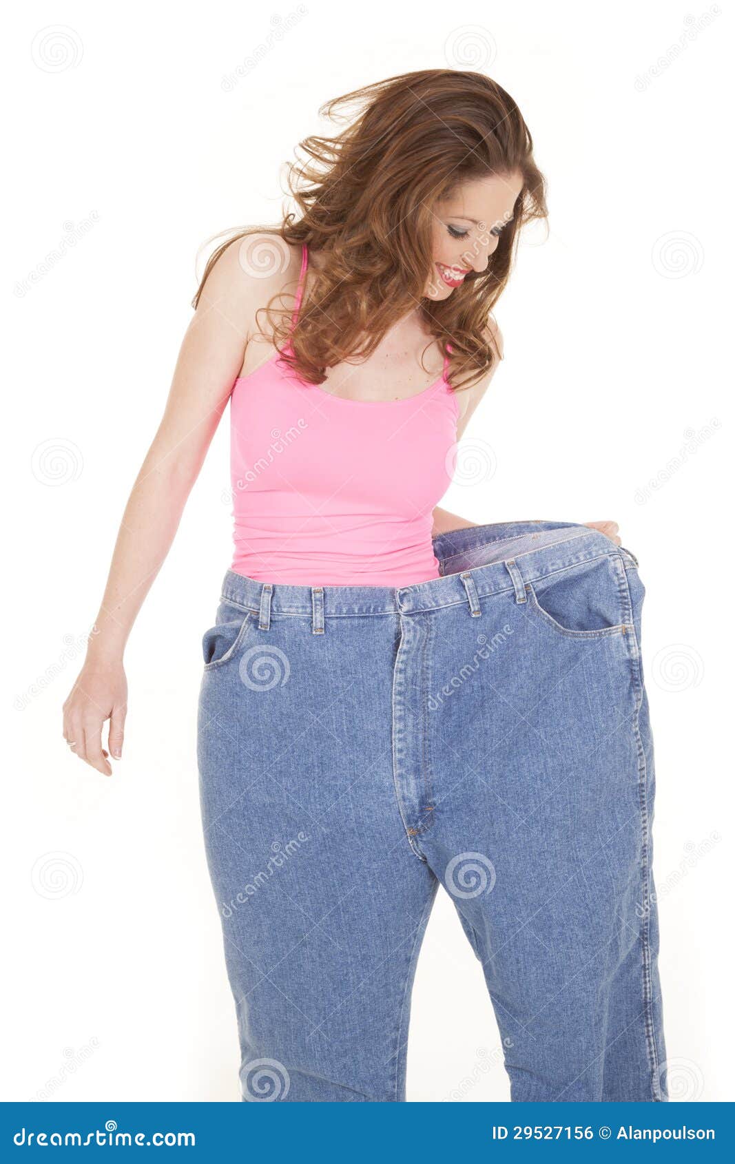 Woman Pink Top Look Down Big Pants Stock Photo - Image of loss, human ...