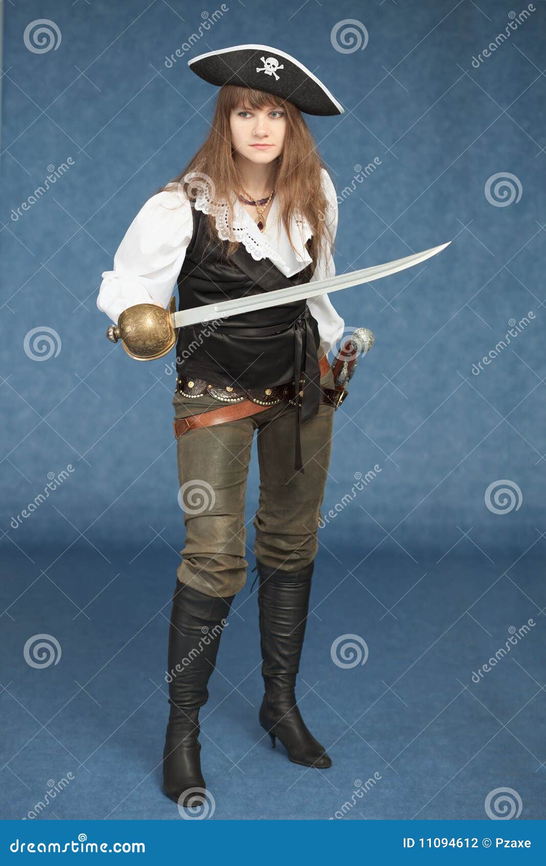 Woman - Pirate Armed with a Sabre on Blue Stock Photo - Image of human ...