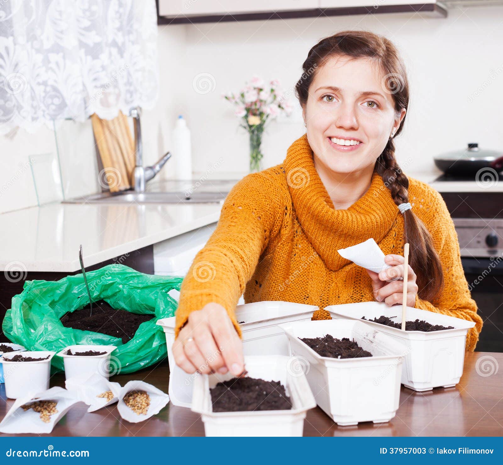 Woman Planting Seeds in Pots Stock Image Image of happy, growing 37957003