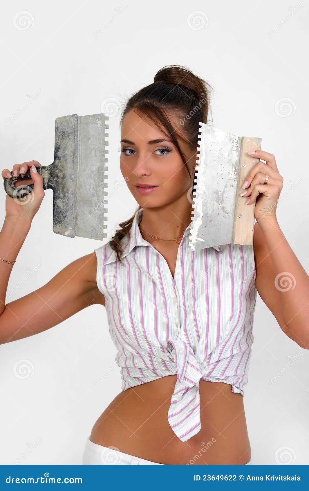 Woman plastering the wall stock photo. Image of grout - 23649622